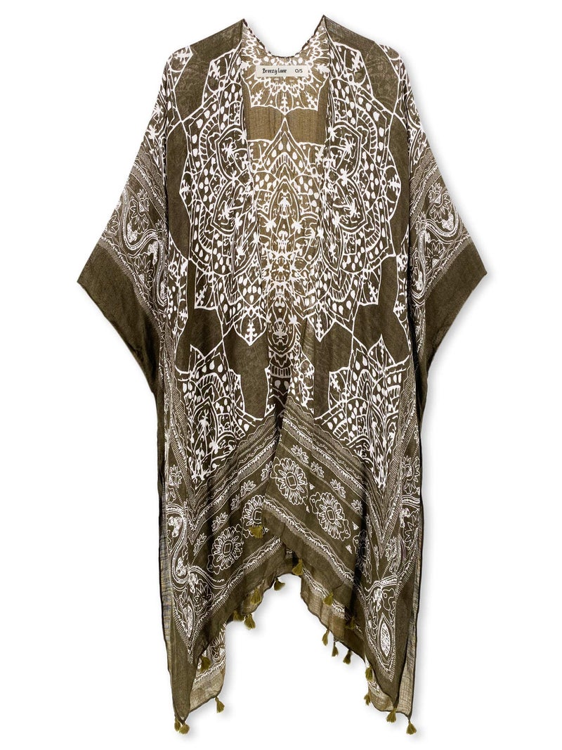 Breezy Lane Kimonos for Women Beach Coverup Summer Cardigan with Green Boho Print Tassel - Image 3